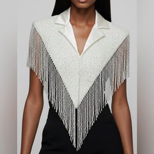 White Blazer Cape with Beaded Fringe